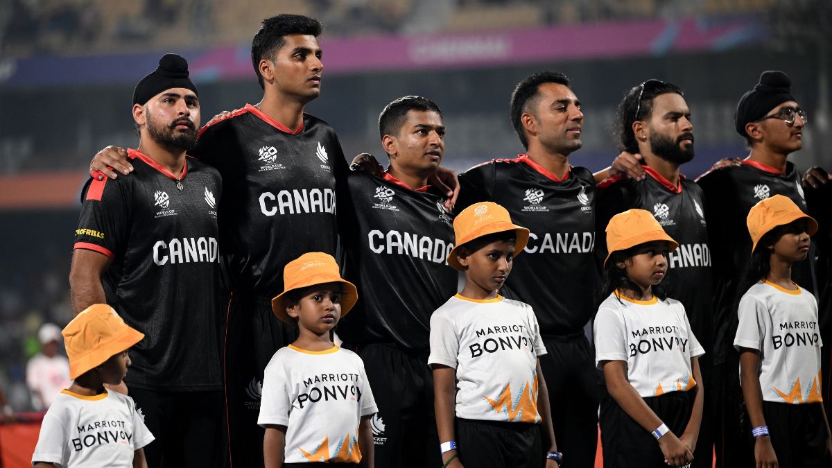 Canada players line up for their national anthem