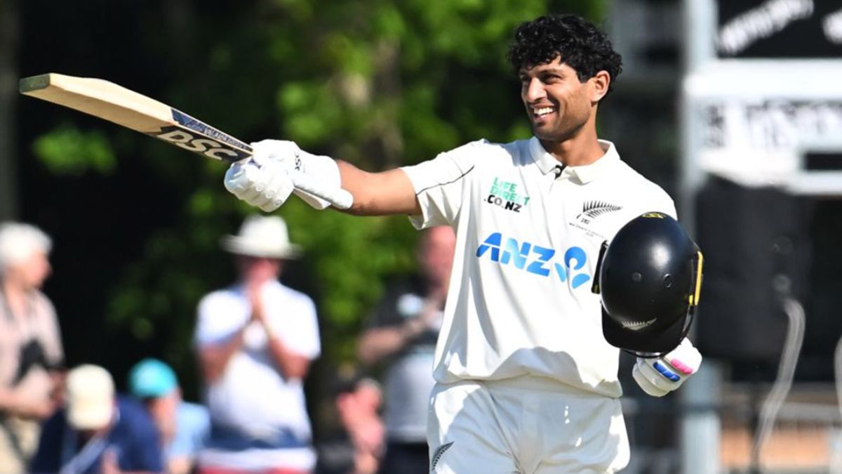 Rachin Ravindra celebrates Test hundred against Ireland