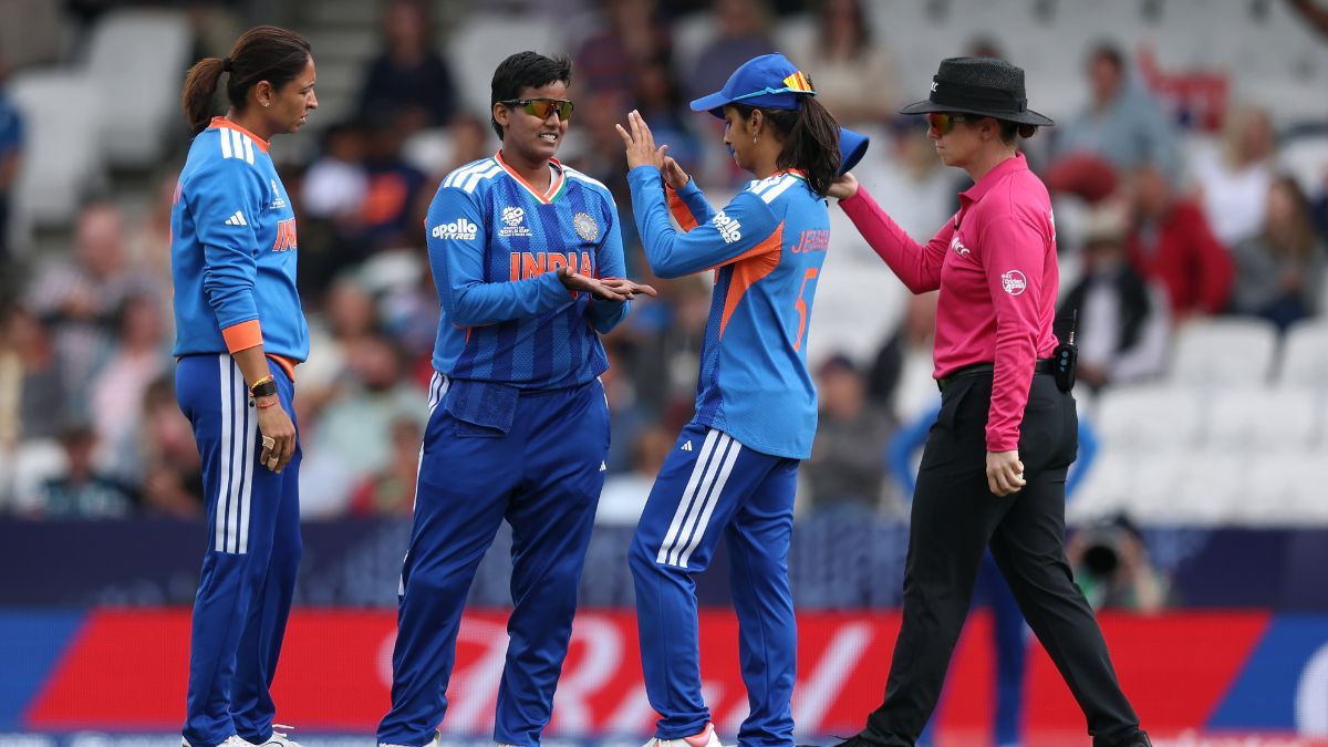 Deepti Sharma celebrates with Harmanpreet Kaur and Jemimah Rodrigues (Source: ICC)