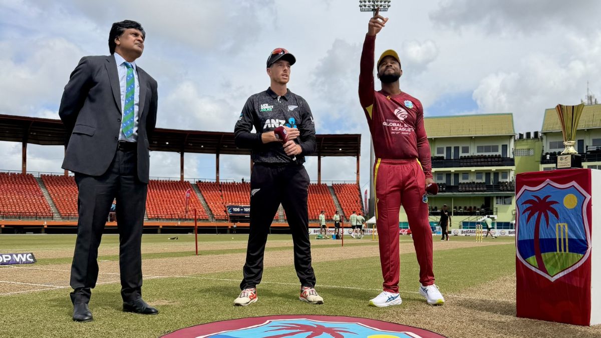 Mitchell Santner and Shai Hope at the toss with match referee Javagal Srinath (Source: CWI)