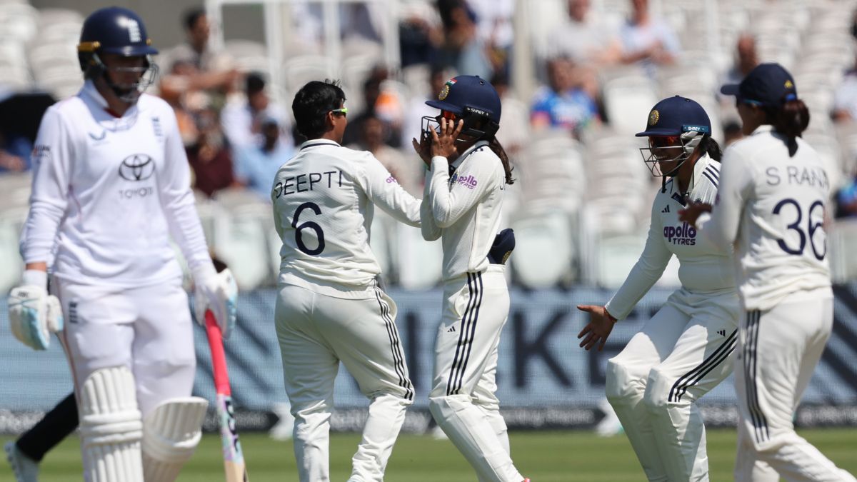 India celebrate wicket during Test match against England at Lord's (Source: X/@BCCIWomen)