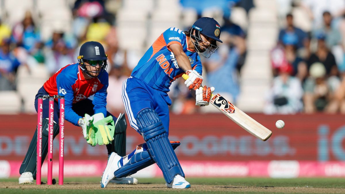 Ishan Kishan tries to launch the ball into the stands