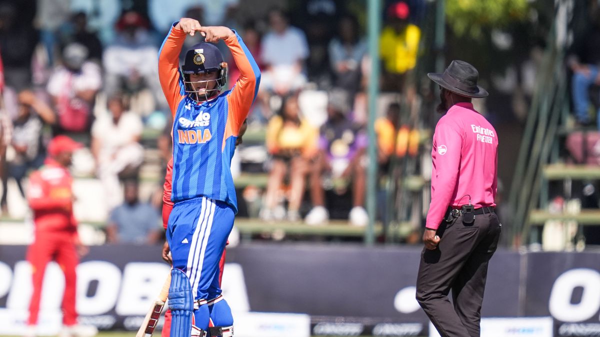 Vaibhav Sooryavanshi celebrates his fifty against Zimbabwe in the 3rd T20I in his quintessential style