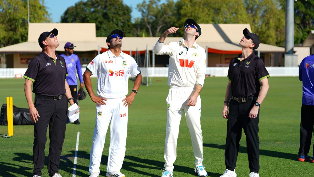 Najmul Hossain Shanto and Kurtis Patterson at the toss for the CA XI vs Bangladesh warm-up match