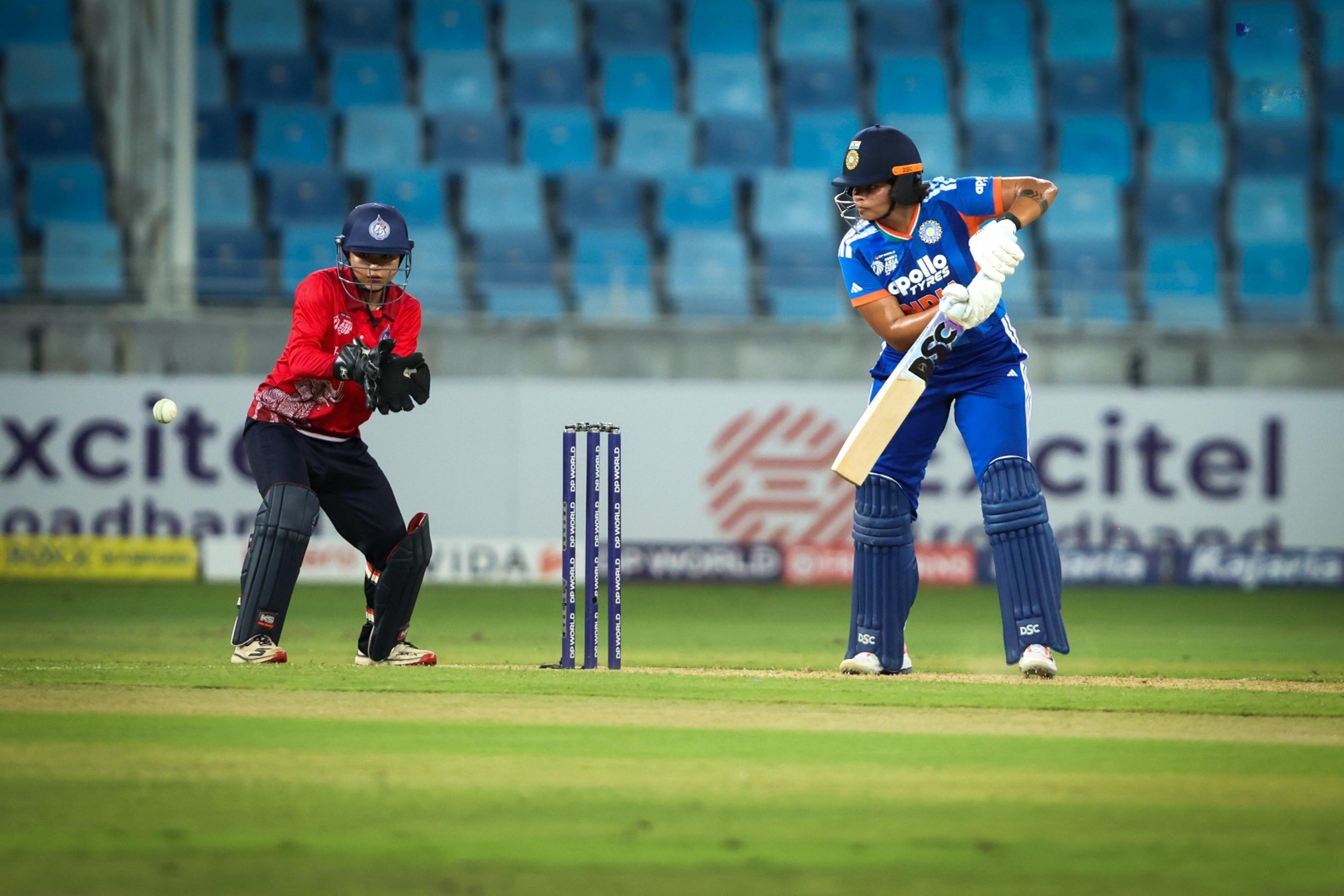 Shafali Verma plays a shot during her half-century against Thailand