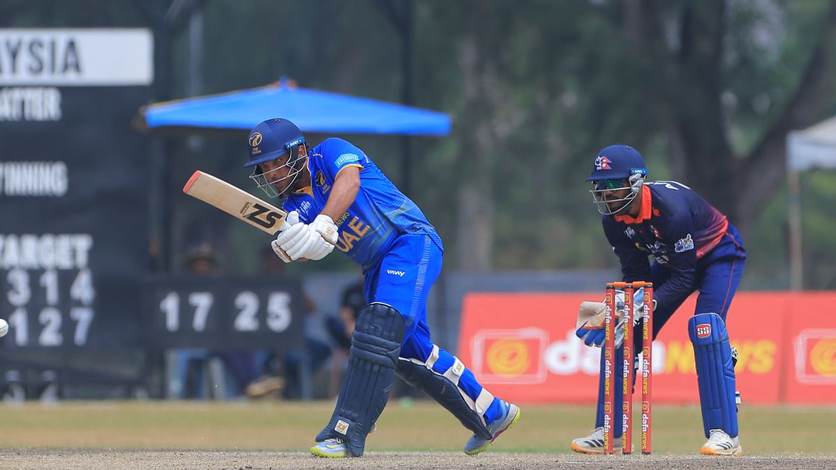 Rahul Chopra plays a shot during the ACC Men's Premier Cup final