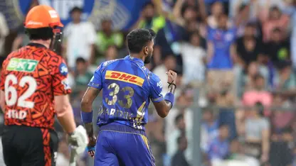 Hardik Pandya celebrates a wicket against Sunrisers Hyderabad