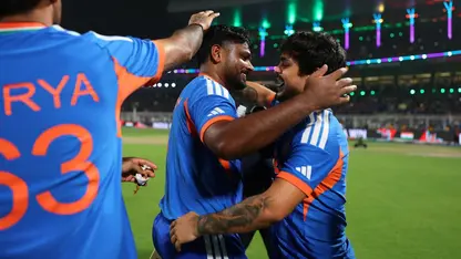 Sanju Samson hugs Ishan Kishan after playing a match-winning knock against West Indies