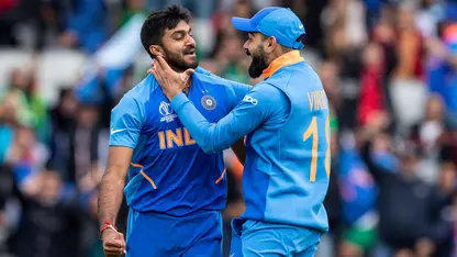 Vijay Shankar celebrates a wicket during the 2019 ODI World Cup with Virat Kohli
