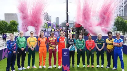 All the captains pose with the ICC Women's T20 World Cup