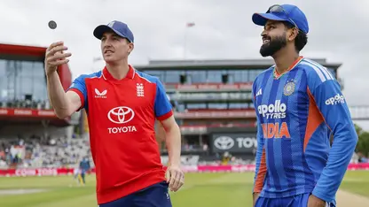 Harry Brook and Shreyas Iyer at the coin toss