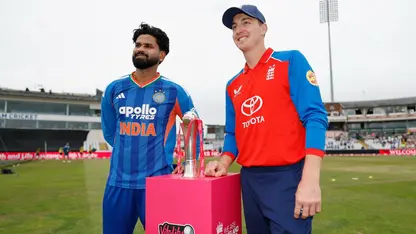 Shreyas Iyer and Harry Brook pose with the T20I series trophy