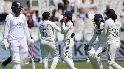 India celebrate wicket during Test match against England at Lord's (Source: X/@BCCIWomen)