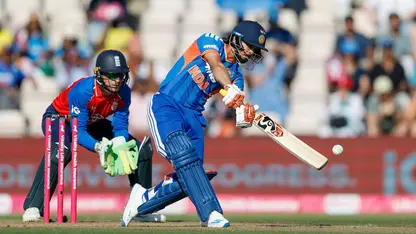 Ishan Kishan tries to launch the ball into the stands
