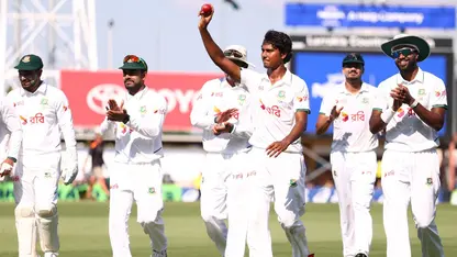 Hasan Mahmud celebrates his five-wicket haul in Darwin