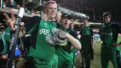 Kevin O'Brien celebrates with Ireland teammates (Source: X/@ICC)