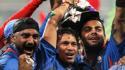 Harbhajan Singh, Sachin Tendulkar, Virat Kohli celebrate 2011 World Cup win (Source:X/@ICC)