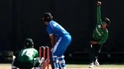 Saad Masood bowls a wrong'un to Abhishek Sharma