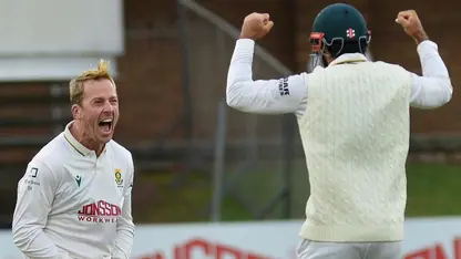 Simon Harmer celebrates a wicket with his South African teammate